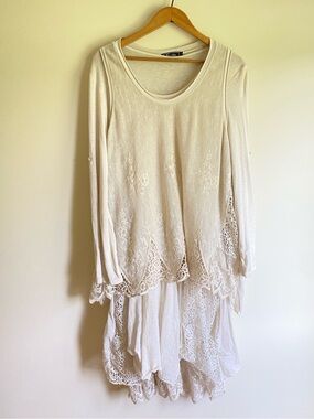 Vintage Froccella 2-Piece Lagenlook Lace Hem Tunic Dress Stretchy